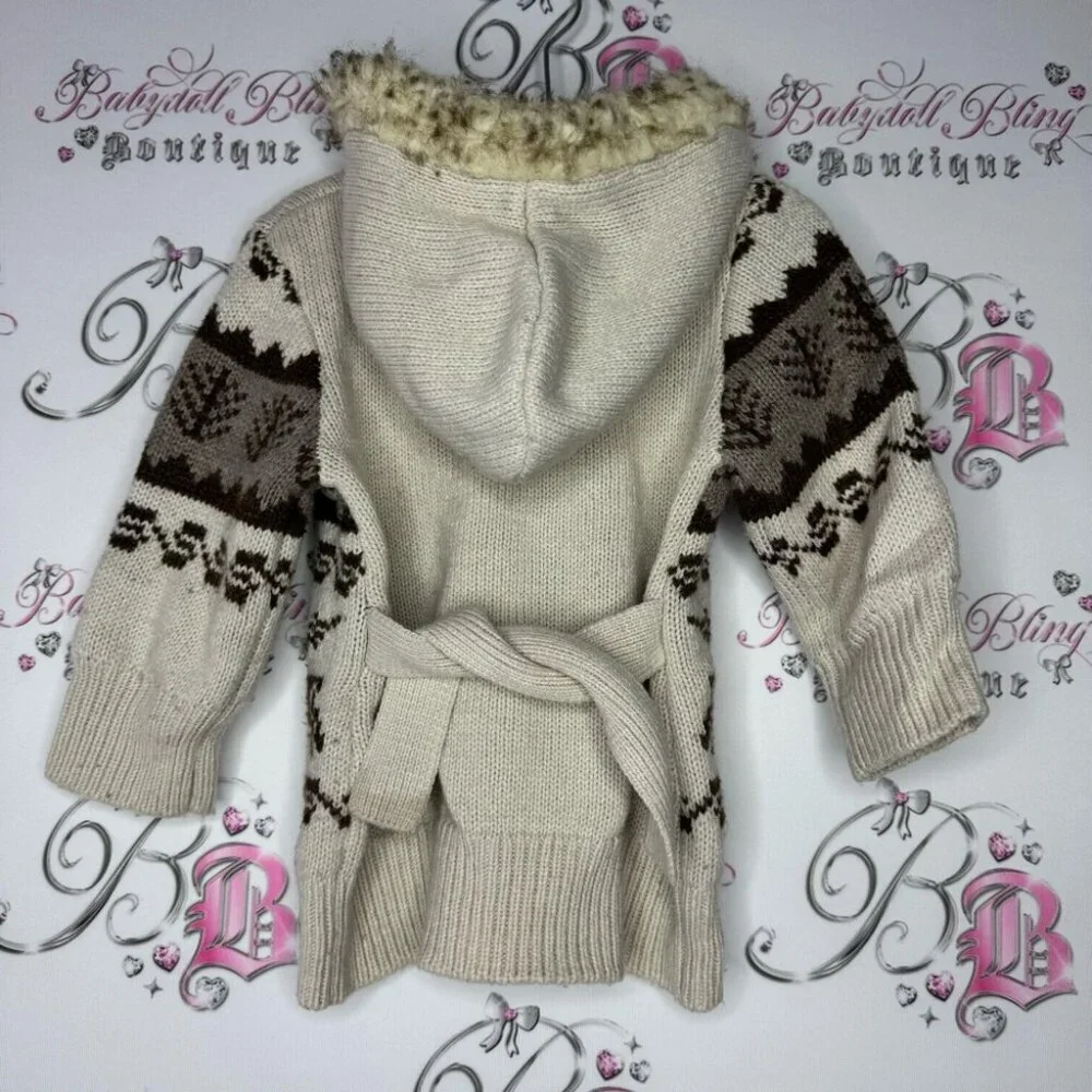 Roots outdoors sweater button up knitted fur trim hood kids unisex brown crochet